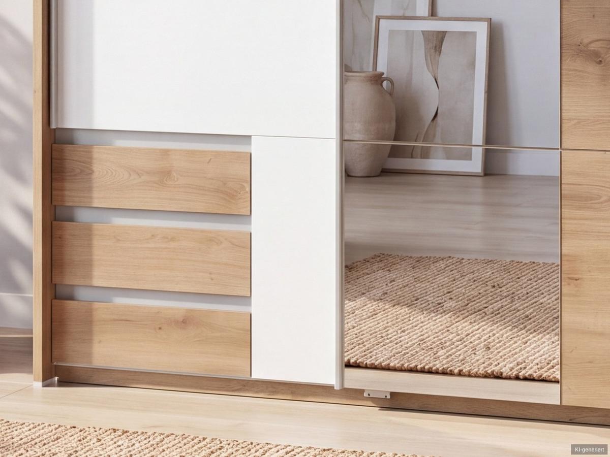 SCHWEBETÜRENSCHRANK 2-türig B138/H200/T65 cm, Passepartout-Kleiderschrank mit Spiegel & sichtbaren Schubkästen in Eiche Dekor, 1x Tür in Weiß / 22684 - Eichefarben/Alufarben, Holz/Holzwerkstoff (138/200/65cm) - luma-home