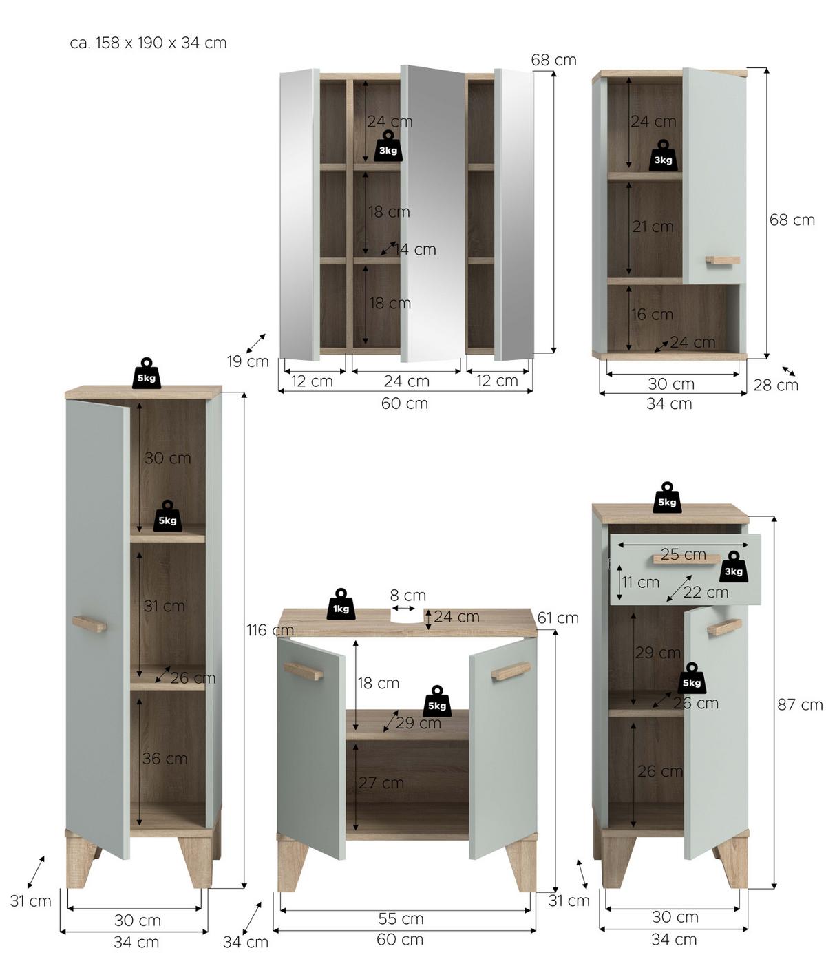 BADMÖBEL-SET 5-teilig grün, Eiche 158 x 190 cm, Komplettset mit viel Stauraum - Eichefarben/Grün, Glas/Holzwerkstoff (158/190/34cm) - Inn.Furn