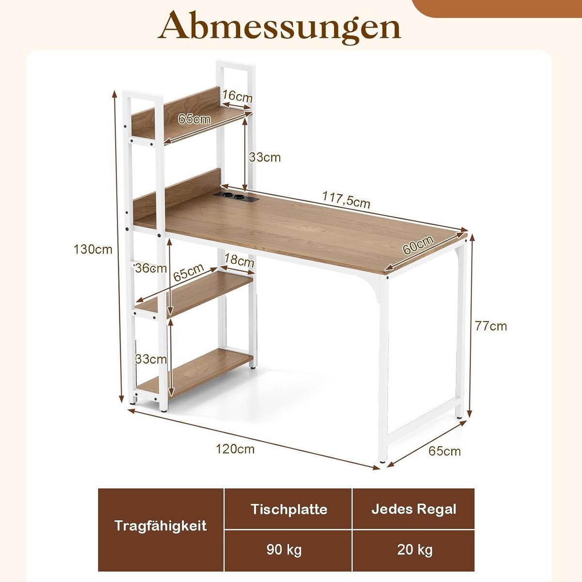 COMPUTERTISCH Natur - Naturfarben, Holzwerkstoff (65/120/130cm) - COSTWAY