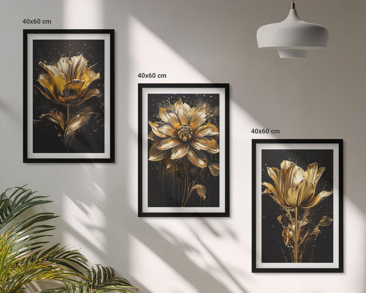 BILDER SET 3er Set - 40x60 cm Schwarzer Rahmen - Gelbe Blüten auf dunklem Hintergrund - Schwarz, Kunststoff (40/60cm) - TULUP