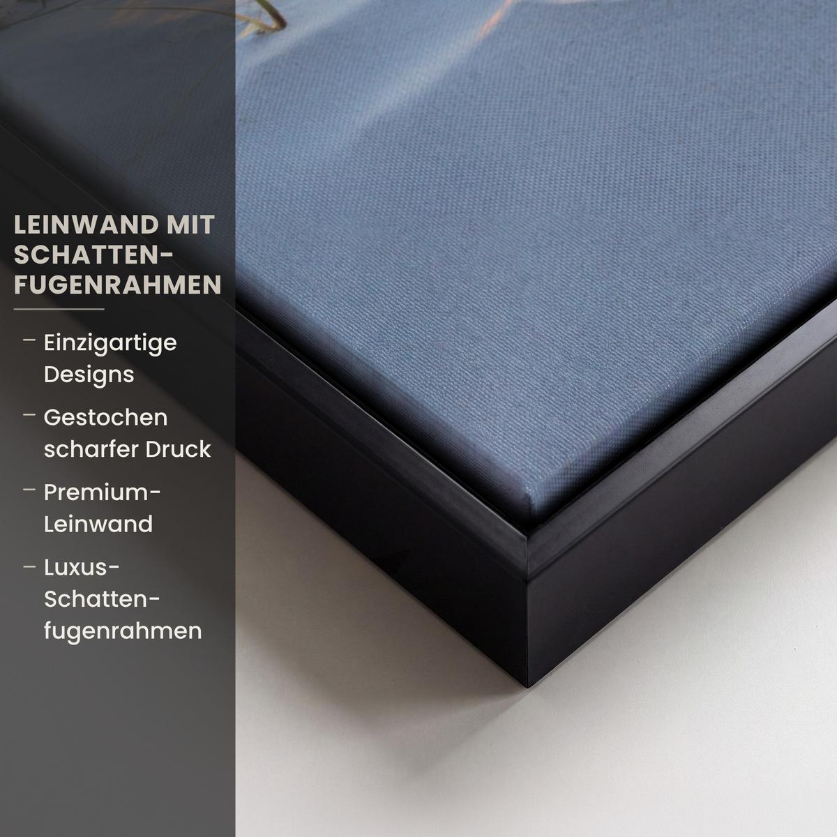 LEINWAND Bilder mit Rahmen - Strand - Sonne - Düne - Gras - Sand - Horizont - 80x60 - Hellblau, Textil (80/60cm) - MuchoWow