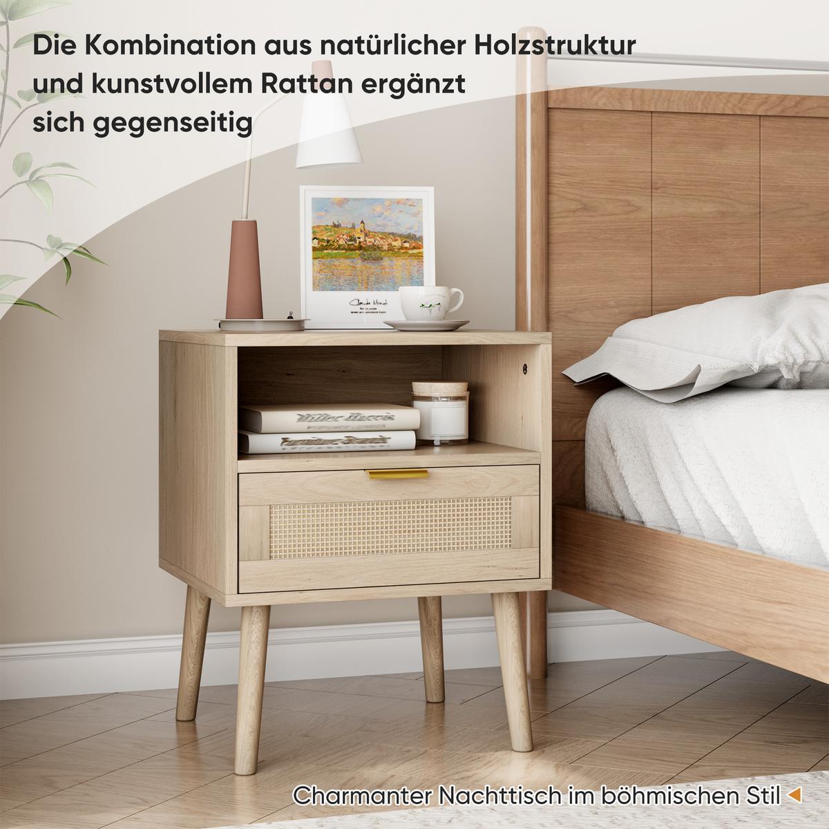 NACHTTISCH Eiche 45 cm – Boho Nachtkonsole mit Rattan & offenem Fach - Eichefarben, Holzwerkstoff (45/55/40cm) - Urban Meuble