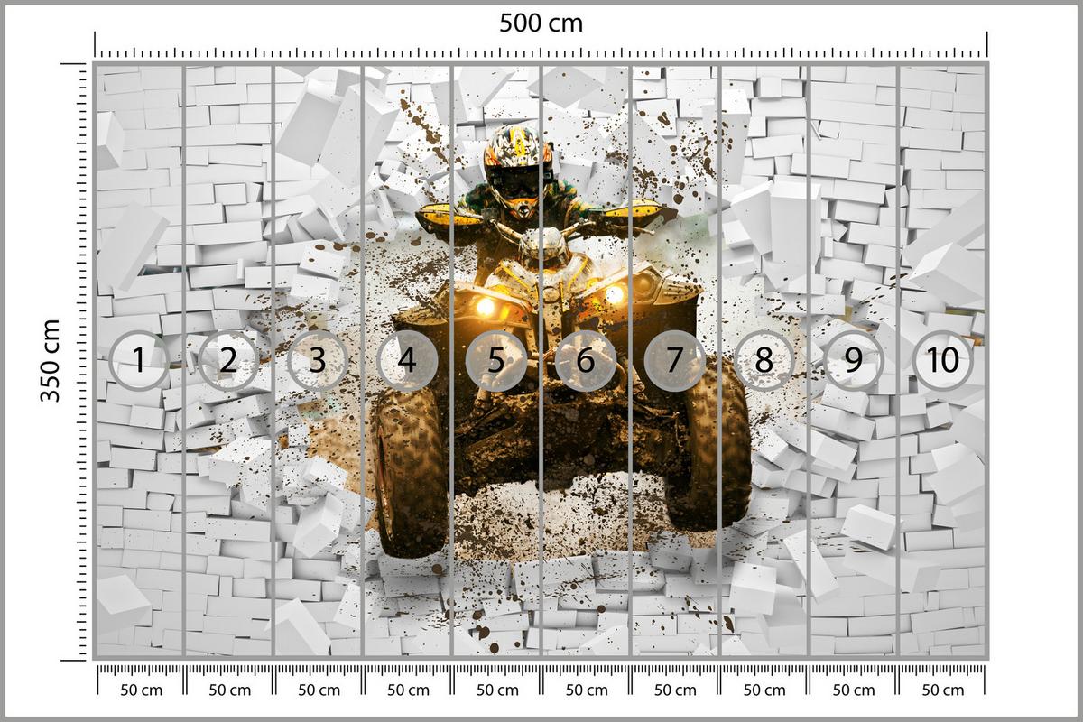 FOTOTAPETE für Büro Schlammbedecktes Quad Durchbricht Backsteinmauer 500x350 - Gelb/Beige, Papier (500/350cm) - Muralo