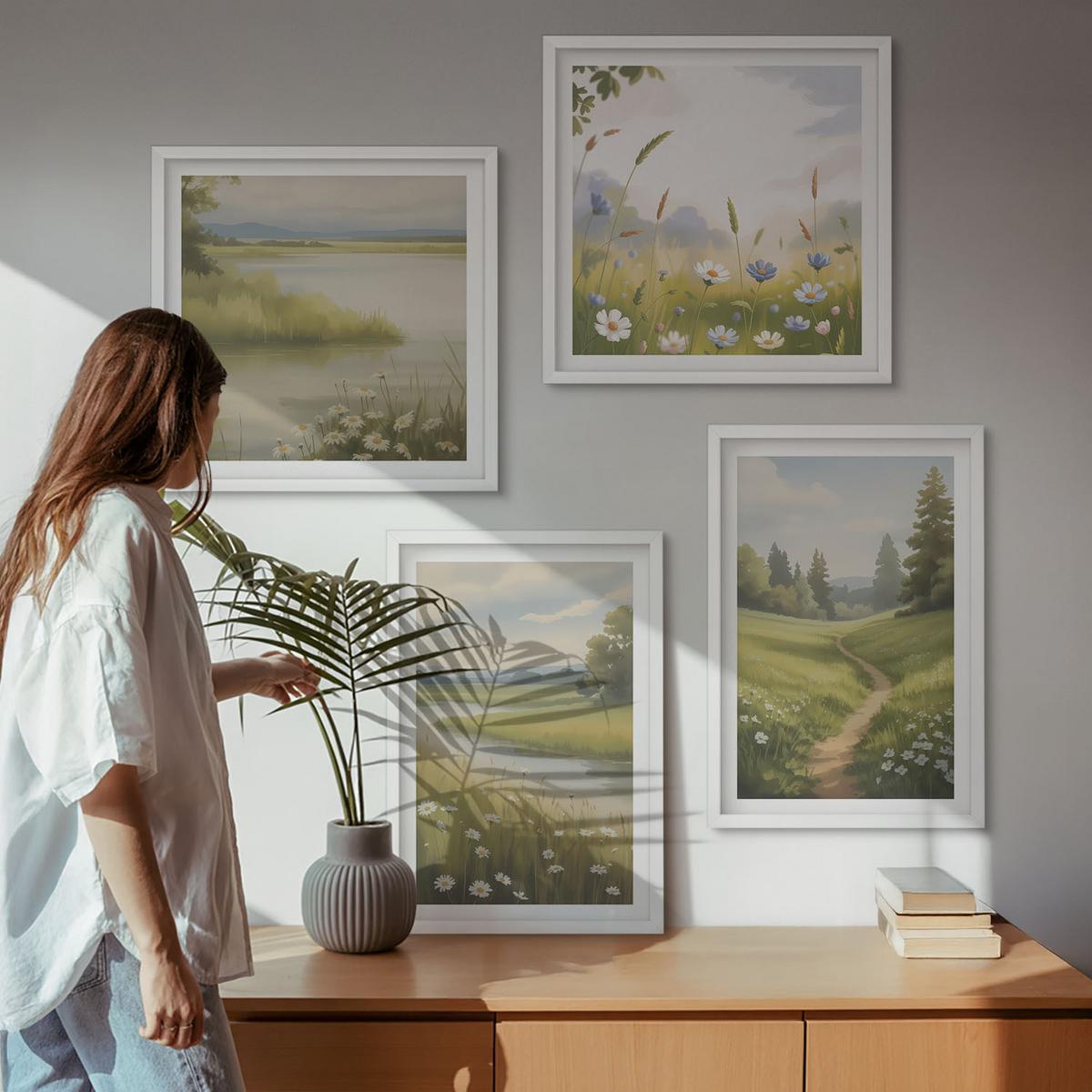 BILDER SET 4er Set - 50x50 cm & 40x60 cm Weißer Rahmen - Frühlingslandschaft Flusswiese - Weiß, Kunststoff (50/50cm) - TULUP