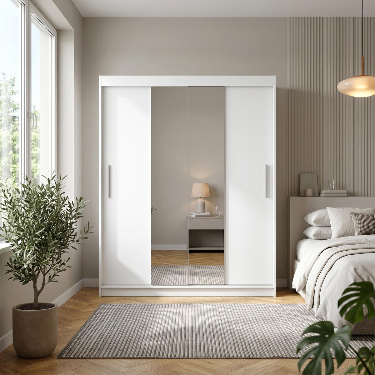 SCHWEBETÜRENSCHRANK VIVA 200/215,5/59cm 2-türig mit Spiegel Weiß - Weiß, Holzwerkstoff (200/215.5/59cm) - MASSENO