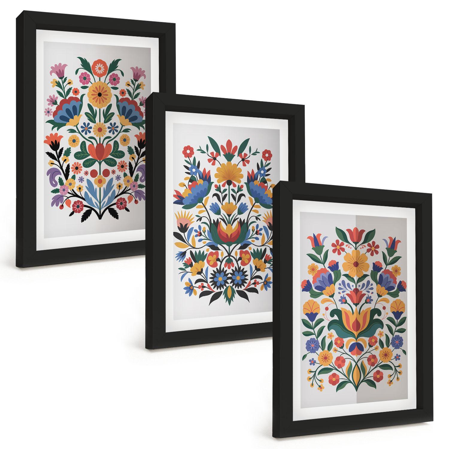 BILDER SET 3er Set - 20x30 cm Schwarzer Rahmen - Blumenmuster in intensiven Farben - Schwarz, Kunststoff (20/30cm) - TULUP