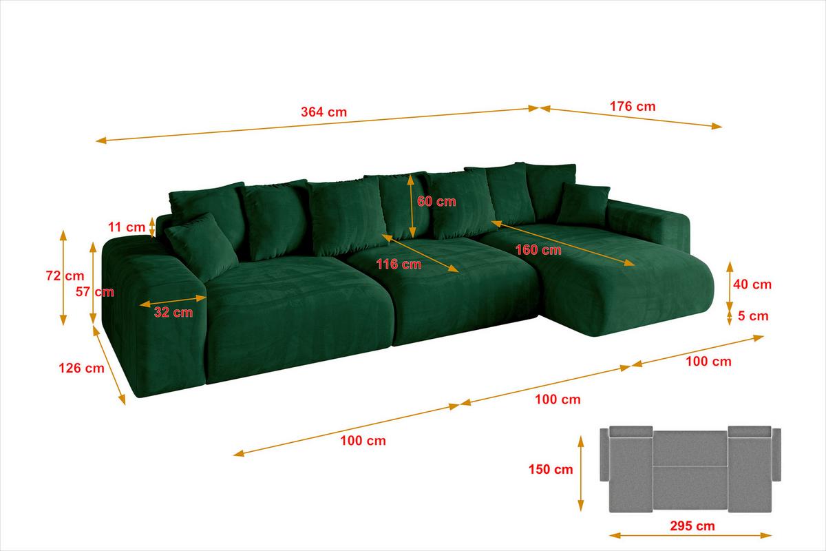 ECKSOFA Ottomane rechts ESKAR-L2 364x176x72 Dunkelgrün Cord - Dunkelgrün/Schwarz, Holzwerkstoff/Kunststoff (176/364cm) - ALTDECOR