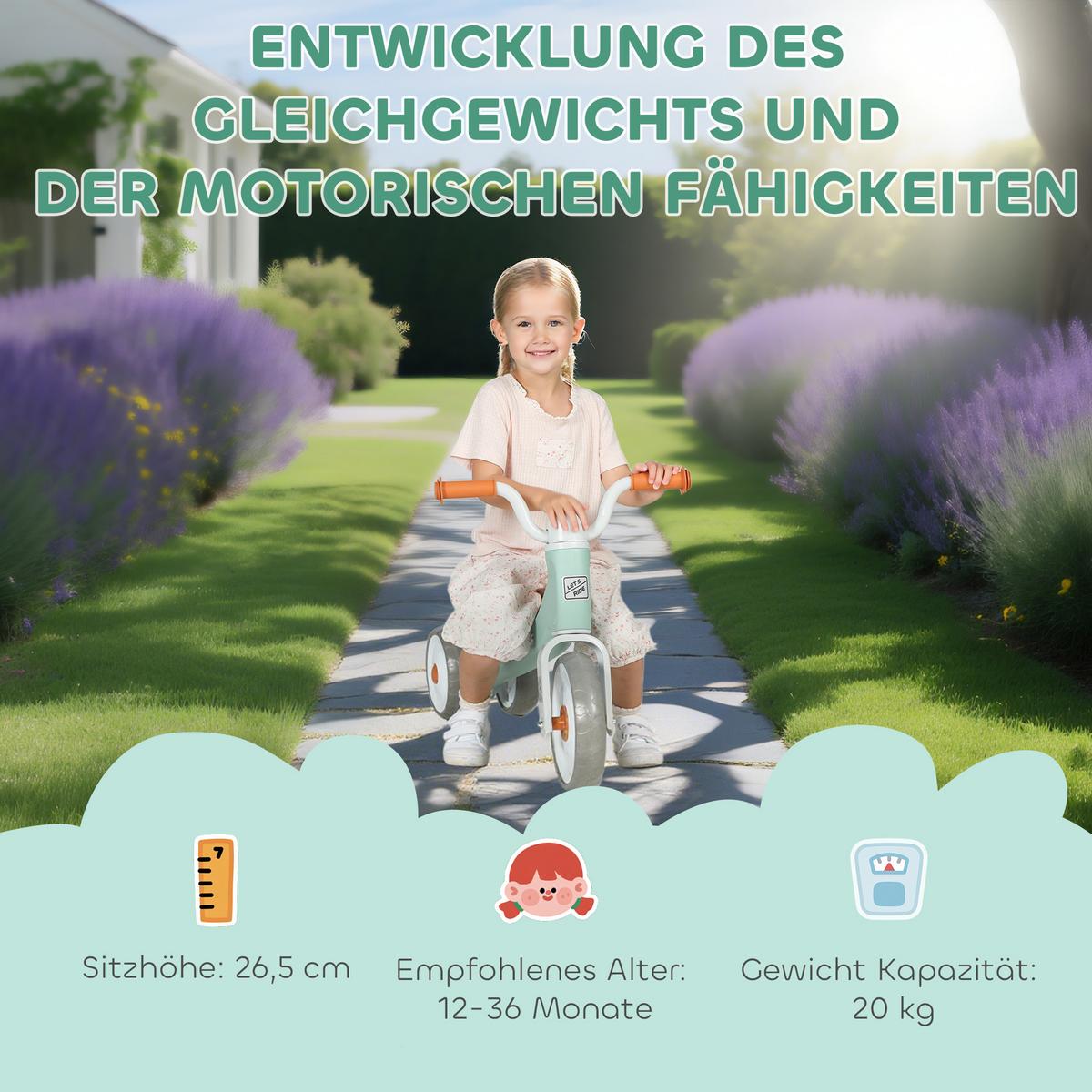 KINDER-LAUFRAD, Lauflernrad für 12-36 Monate Kinder, mit 3 geräuscharme Räder - Grün, Metall (69/40/49cm) - AIYAPLAY