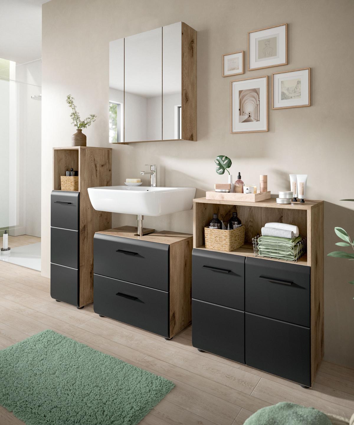 MIDISCHRANK Set Schwarz matt und Eiche, 2x Bad Kommode, gesamt 120 x 80 cm - Eichefarben/Schwarz, Holzwerkstoff/Kunststoff (120/80/30cm) - Inn.Furn