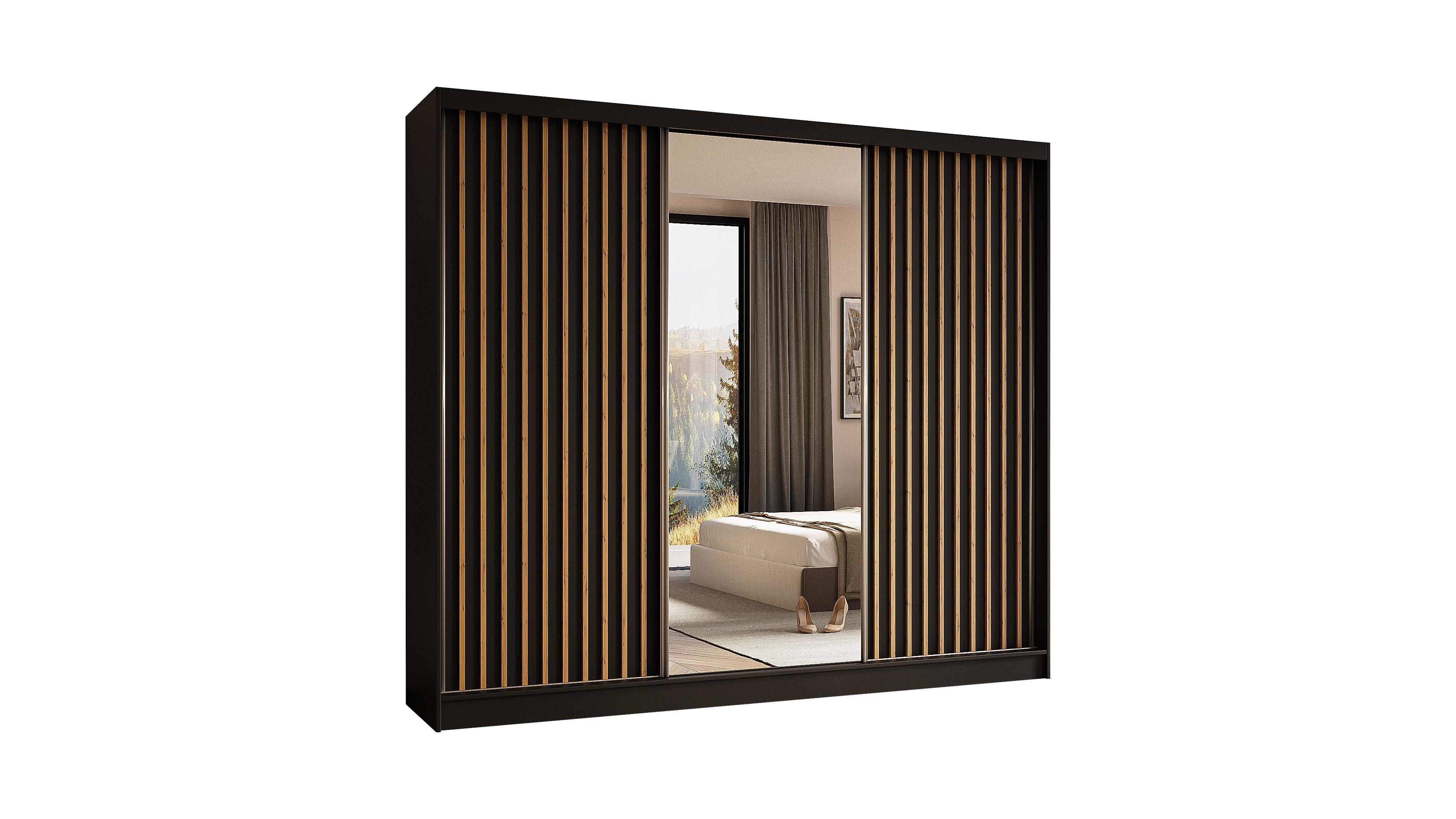 KLEIDERSCHRANK mit Spiegel-Schiebetüren und Aluminium-Leisten - LAMELO - 240 cm Schwarz+Schwarz+ Artisan - Schwarz/Eiche Artisan, Holzwerkstoff (240/216/61cm) - ALTDECOR