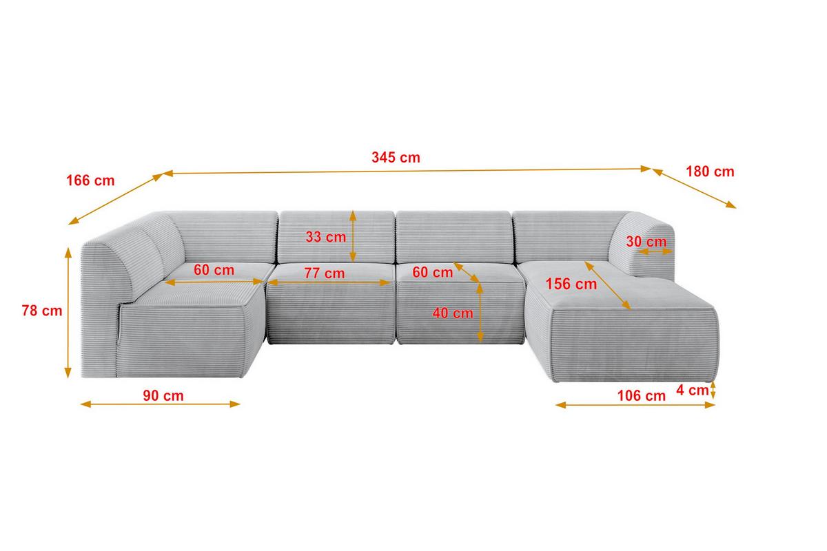 WOHNLANDSCHAFT Ottomane Rechts MOVO-L 345x180x78 cm Grau Cord - Grau, Holzwerkstoff/Kunststoff (180/78/345cm) - ALTDECOR