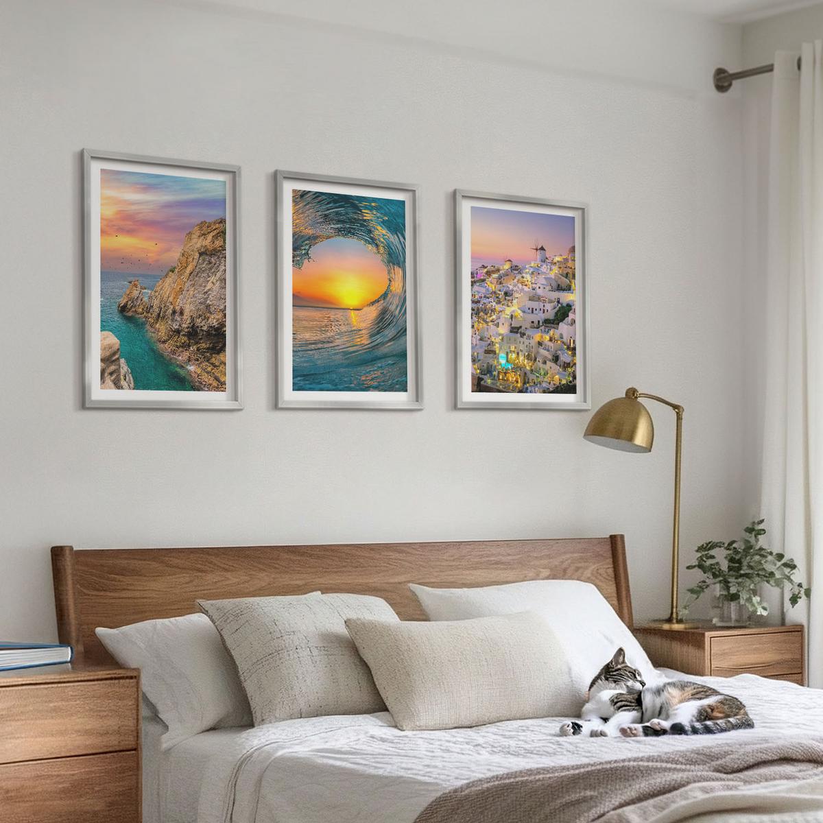 BILDER SET 3er Set - 40x60 cm Silberner Rahmen - Meereswellen, weiße Häuser, Santorini - Silberfarben, Kunststoff (40/60cm) - TULUP