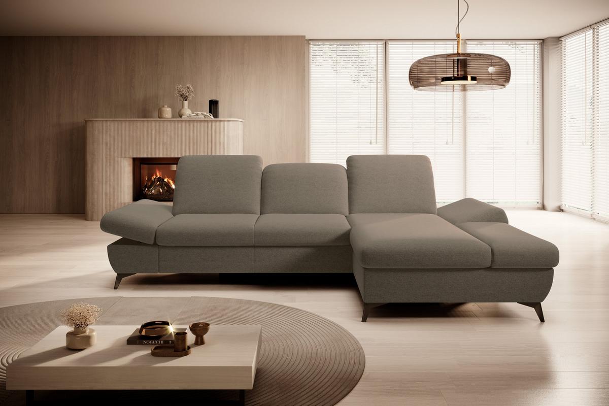 ECKSOFA FELICE R-S Beige Geflochtener Stoff mit Schlaffunktion - Beige, Holz (284/166cm) - MASSENO