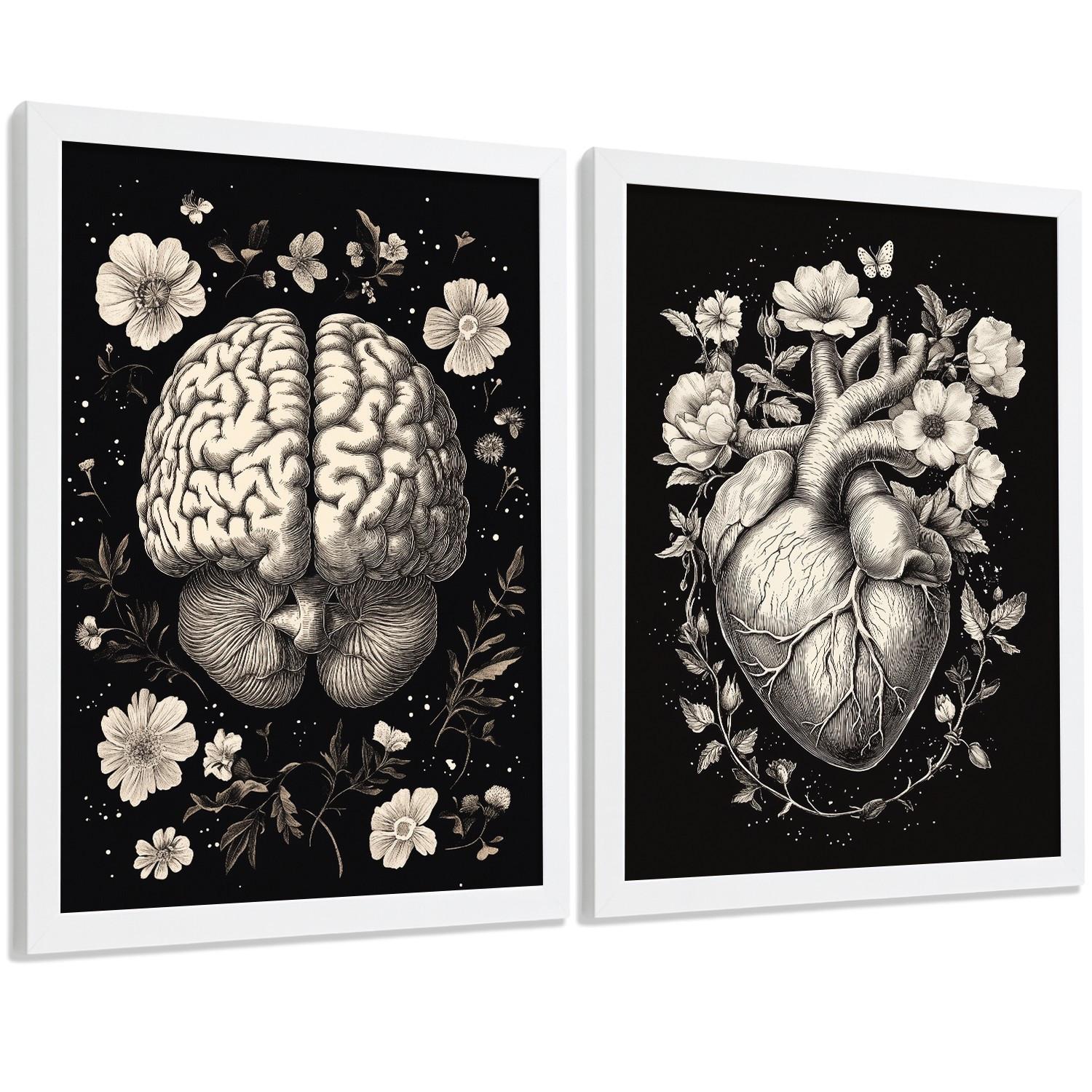 POSTER Set aus 2 Anatomie Mensch Drucke und Wandbilder mit Gehirn und Herz Monochromes Florales Design Schwarzer Hintergrund Größe Weißer Rahmen A3 - Weiß, Papier (29.7/42/3cm) - Nacnic