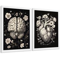 POSTER Set aus 2 Anatomie Mensch Drucke und Wandbilder mit Gehirn und Herz Monochromes Florales Design Schwarzer Hintergrund Größe Weißer Rahmen A3 - Weiß, Papier (29.7/42/3cm) - Nacnic