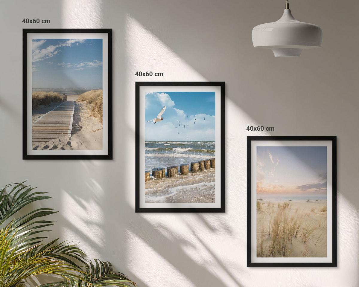 BILDER SET 3er Set - 40x60 cm Schwarzer Rahmen - Strand, Sand, Wellen, Himmel, Vögel - Schwarz, Kunststoff (40/60cm) - TULUP