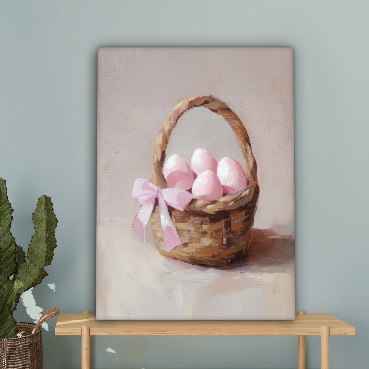LEINWANDBILD Korb - Eier - Rosa Wandbild Wohnzimmer 60x80 cm - Beige, Textil (60/80cm) - MuchoWow