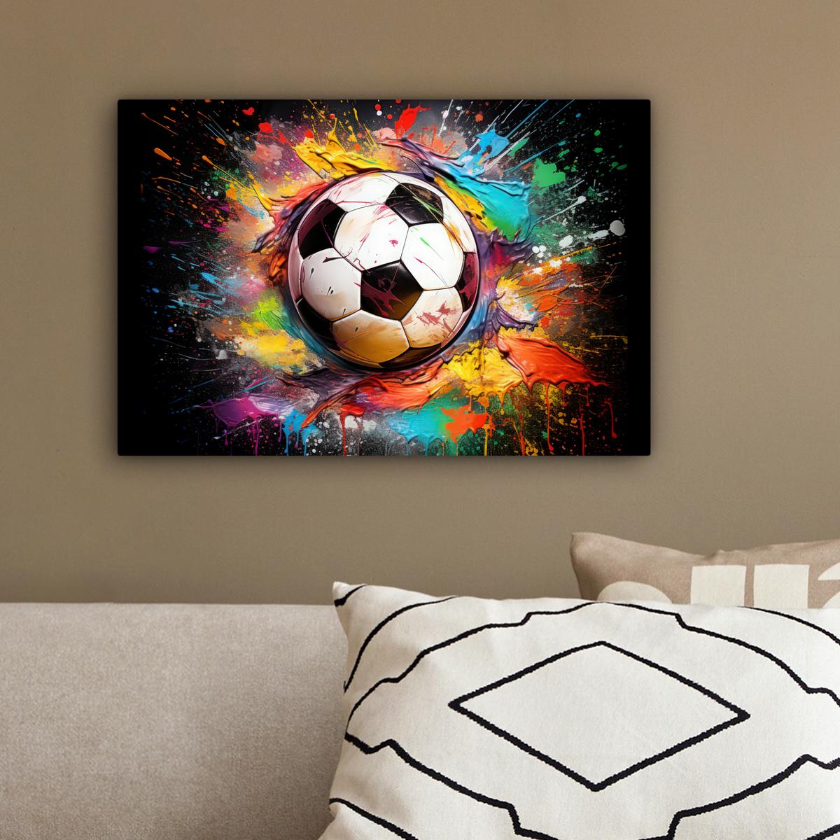 LEINWANDBILD Fußball - Farbe - Farben - Schwarz - Weiß Deko Schlafzimmer 30x20 cm - Weiß, Textil (30/20cm) - MuchoWow