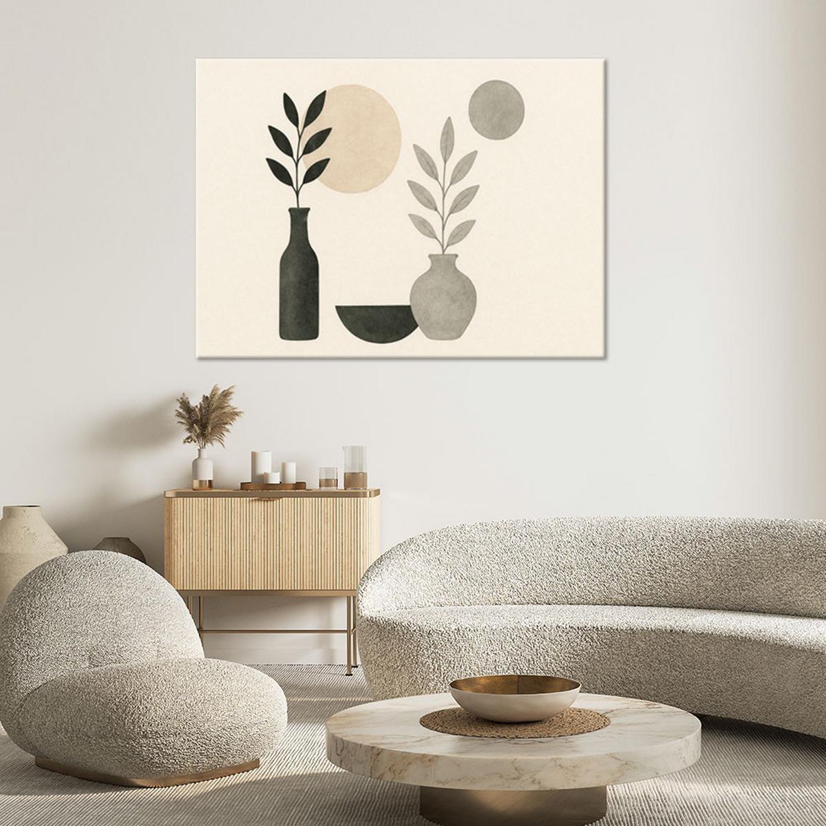 LEINWANDBILD Vasen Blätter Minimalismus 90x60cm - Beige, Textil (90/60cm) - Feeby