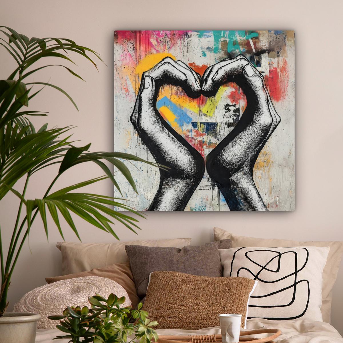 LEINWANDBILD Hände - Herz - Straßenkunst - Graffiti Deko Groß 90x90 cm - Multicolor, Textil (90/90cm) - MuchoWow