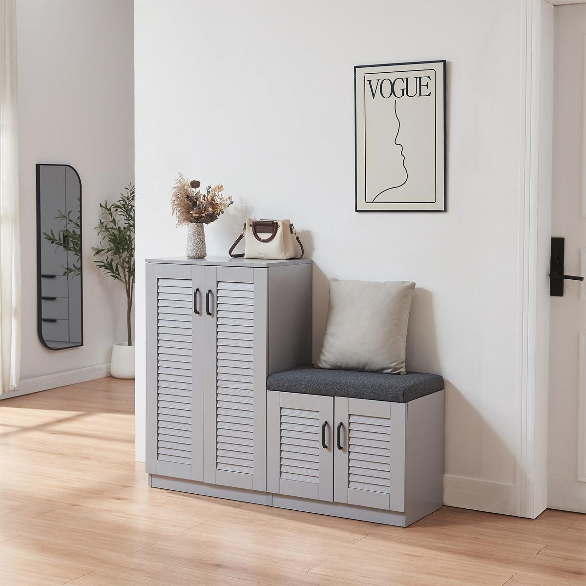 SCHUHSCHRANK Løten mit Sitzbank - Grau, Holzwerkstoff/Kunststoff (120/97/36cm) - [en.casa]