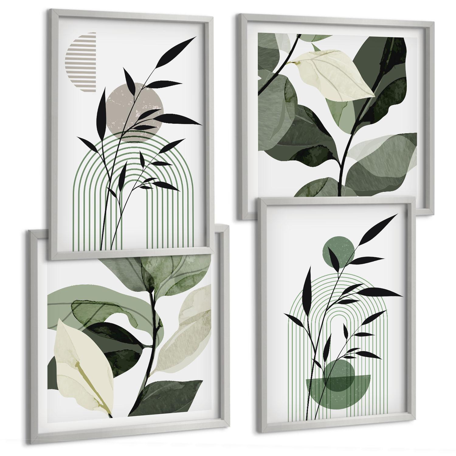 BILDER SET 4er Set - 50x50 cm & 40x60 cm Silberner Rahmen - Boho-Pflanzenkompositionen - Silberfarben, Kunststoff (50/50cm) - TULUP
