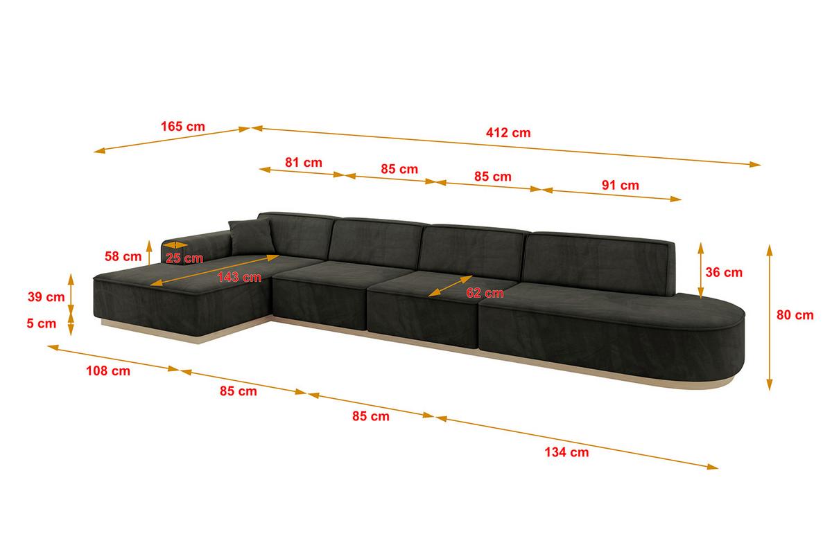 ECKSOFA Ottomane Links IREA-L3 - 412x165x80 cm Schwarz - Schwarz, Holzwerkstoff/Textil (412/165cm) - ALTDECOR