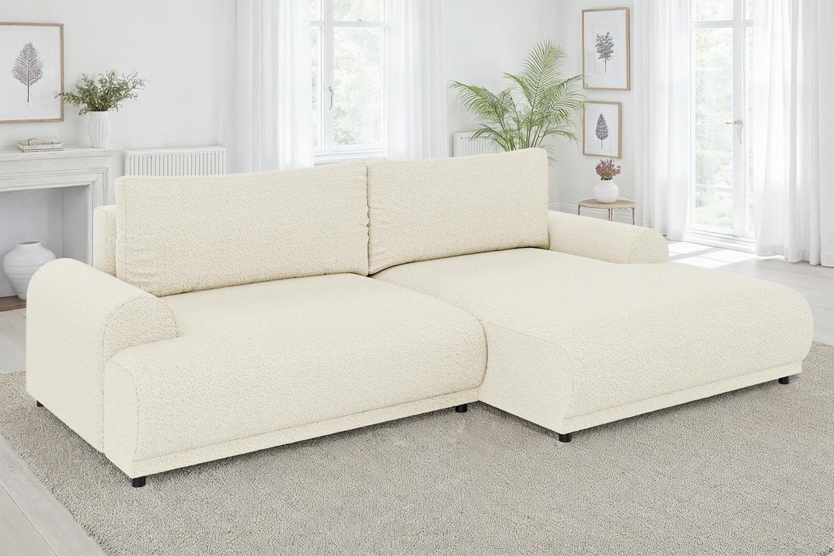 ECKSOFA mit Schlaffunktion, Bettkasten, extrabreite Ottomane rechts, abgerundete Armlehnen B240/T145/H81 cm, Bezug Bouclé-Charakter Beige Creme/ 21027 - Beige/Creme, Kunststoff/Textil (240/145cm) - luma-home