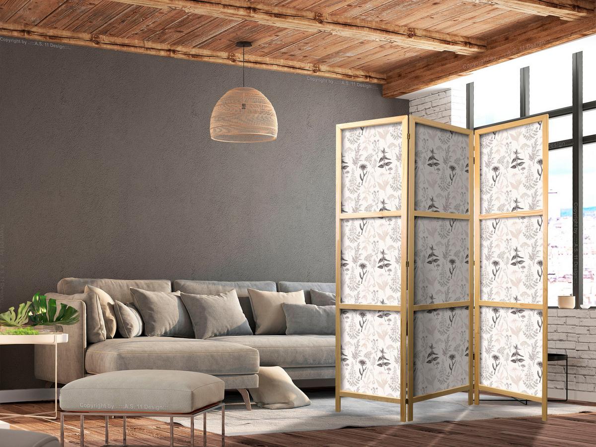 PARAVENT Japanischer 3-tlg 135x172 cm Kr uter Und Blumen - Beige, Holz/Textil (135/172/3cm) - Muralo