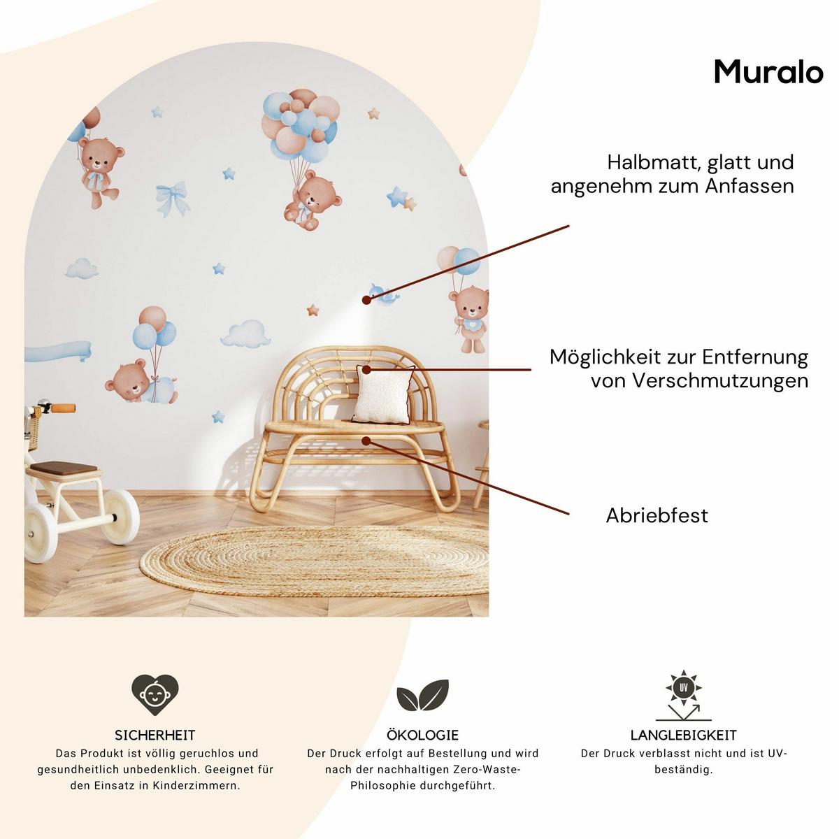 WANDSTICKER Teddybären Ballons Sterne Wolken 120x60 - Beige/Braun, Papier (120/60/1cm) - Muralo