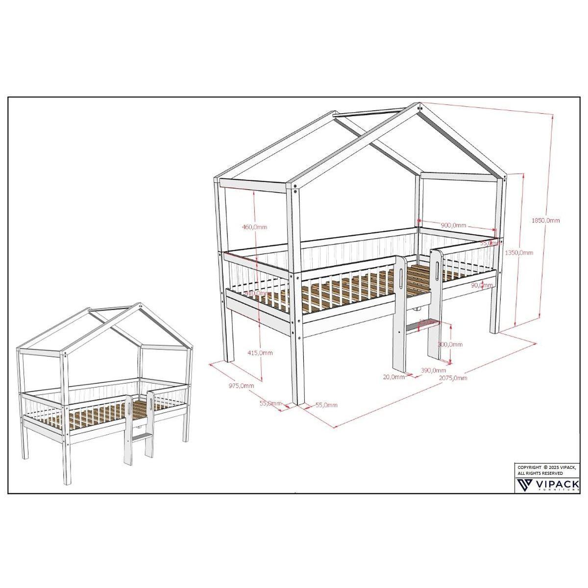 HAUSBETT HALBHOCH 90x200 Keeley Buche Weiß Leiter Boxen - Weiß, Holz (90/200cm) - 58aufmkessel