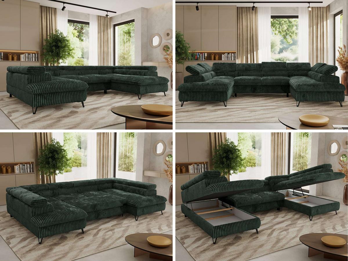 WOHNLANDSCHAFT PABLO U Cord Dunkelgrün - Schwarz/Grün, Textil/Metall (346/76/208cm) - MKS