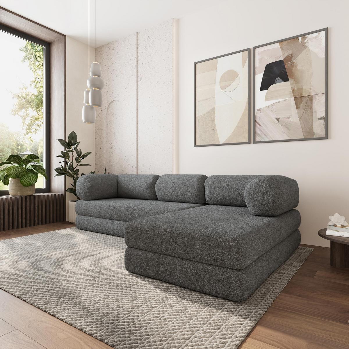 ECKSOFA KELI modulares Boneless Sofa mit Schlaffunktion Grau Boucle-Stoff - Grau, Textil (270/160cm) - MASSENO