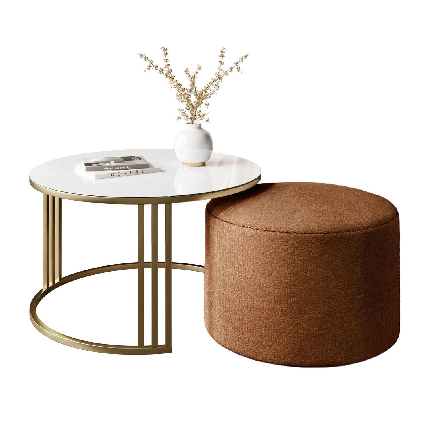 COUCHTISCH mit Hocker LORI GLASS gebürstetes Gold/weißes Glas/Perfect Harmony 52 - Weiß, Metall (70/70/49cm) - Lookway