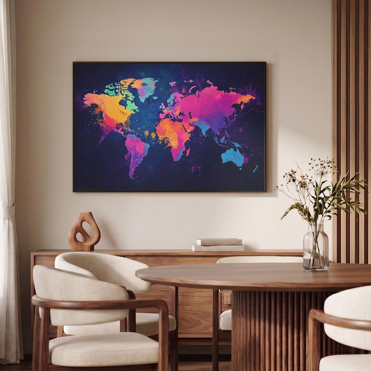 LEINWAND Bilder mit Rahmen - Weltkarte - Bunt - Graffiti - 90x60 - Multicolor, Textil (90/60cm) - MuchoWow