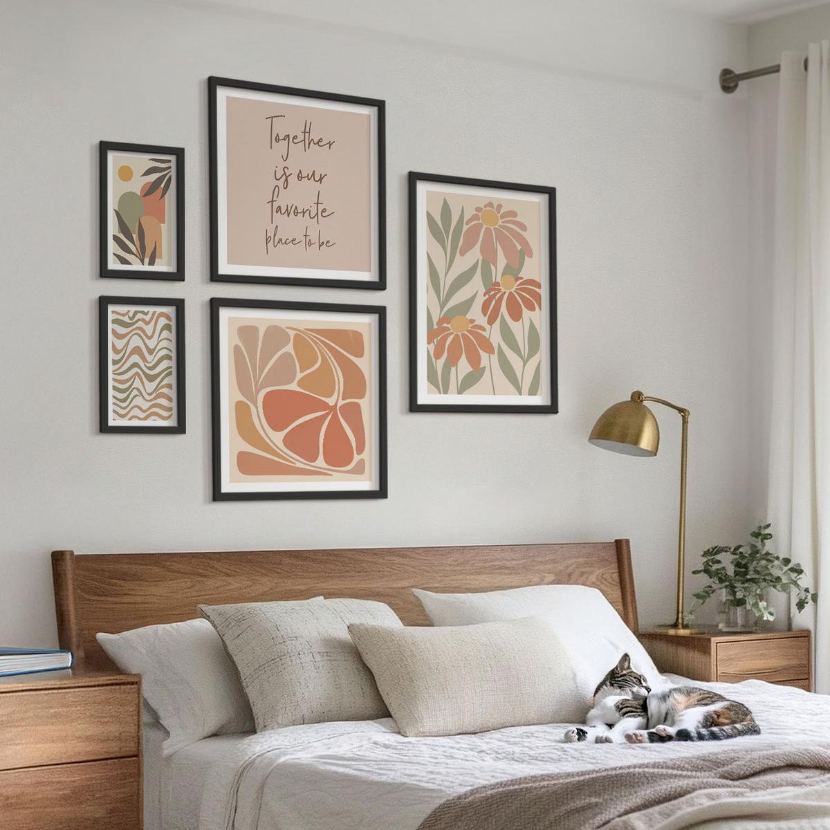 BILDER SET 5er Set - 50x50 cm & 20x30 cm & 40x60 cm Schwarzer Rahmen - Abstrakte Pastellblumen - Schwarz, Kunststoff (40/60cm) - TULUP