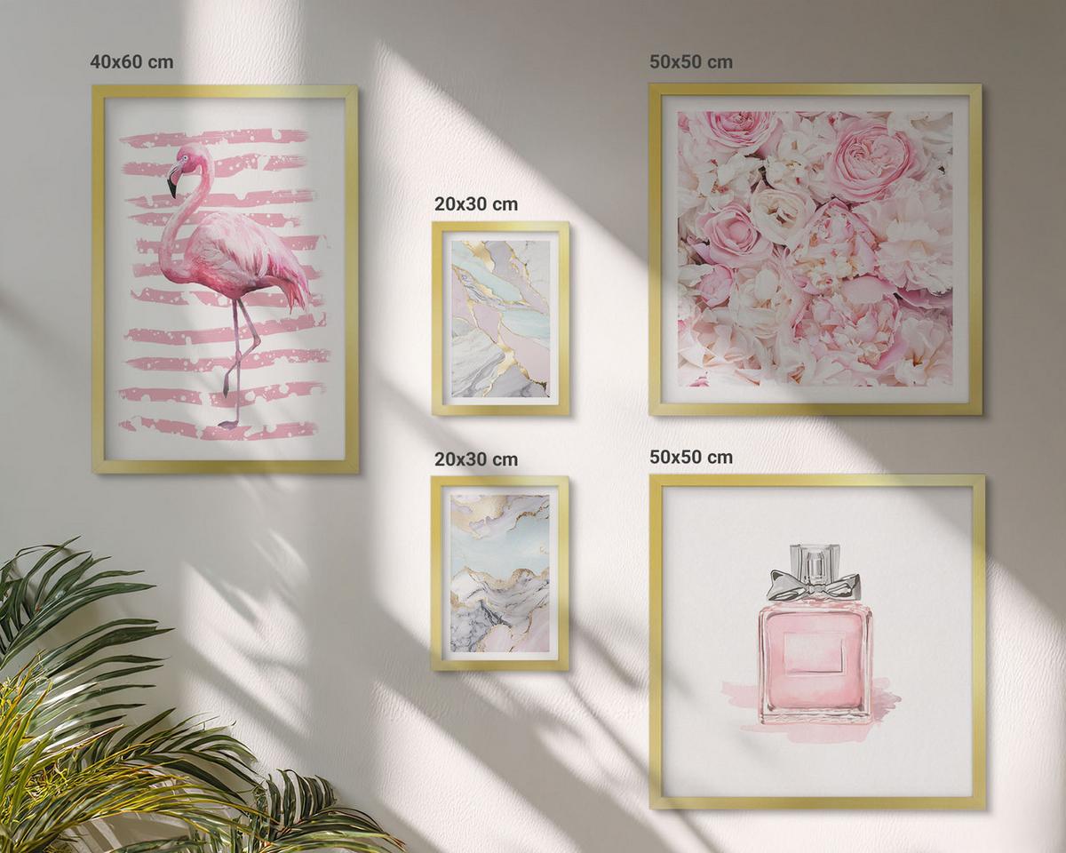 BILDER SET 5er Set - 50x50 cm & 20x30 cm & 40x60 cm Goldrahmen - Rosa Blumen Marmor Pastell - Goldfarben, Kunststoff (40/60cm) - TULUP