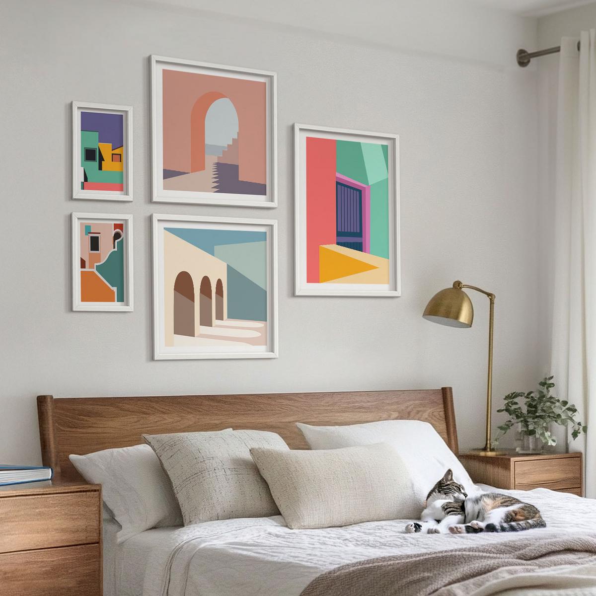 BILDER SET 5er Set - 50x50 cm & 20x30 cm & 40x60 cm Weißer Rahmen - Farbenfrohe Illustrationen der Stadt - Weiß, Kunststoff (40/60cm) - TULUP
