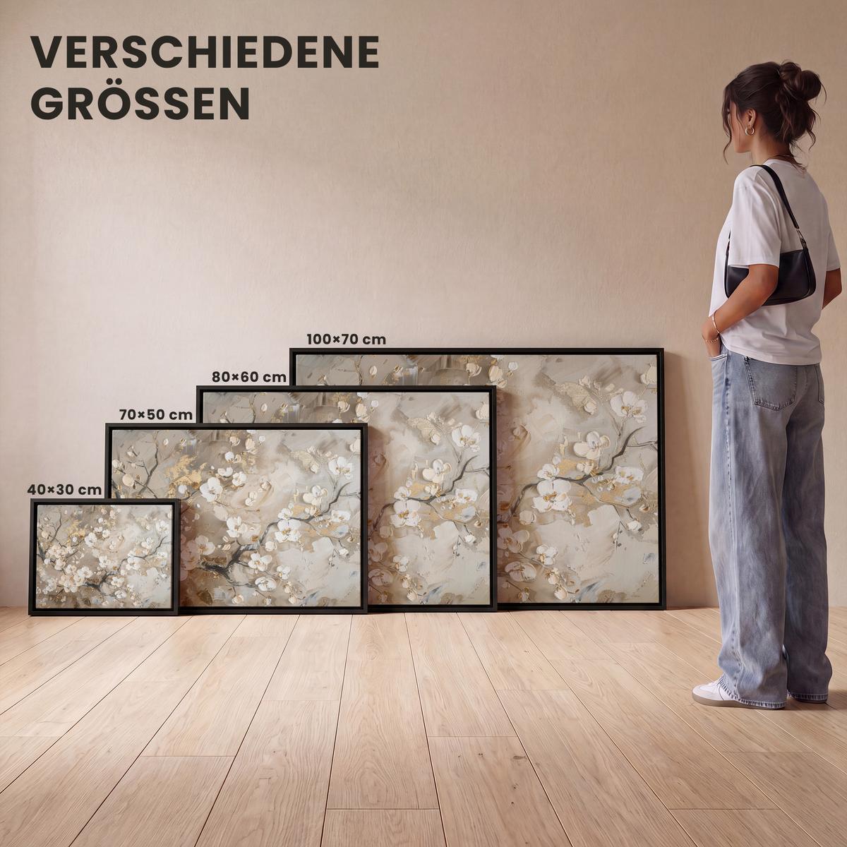 LEINWAND Bilder mit Rahmen - Blumen - Weiß - Gold - Beige - Luxus - 40x30 - Greige, Textil (40/30cm) - MuchoWow