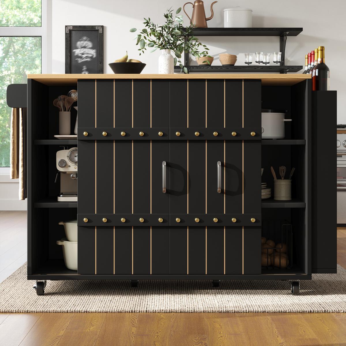 KÜCHENINSEL Schwarz auf Rollen mit Klappbarer Arbeitsplatte & Schiebetüren - Schwarz, Holzwerkstoff (110/90/42cm) - Urban Meuble
