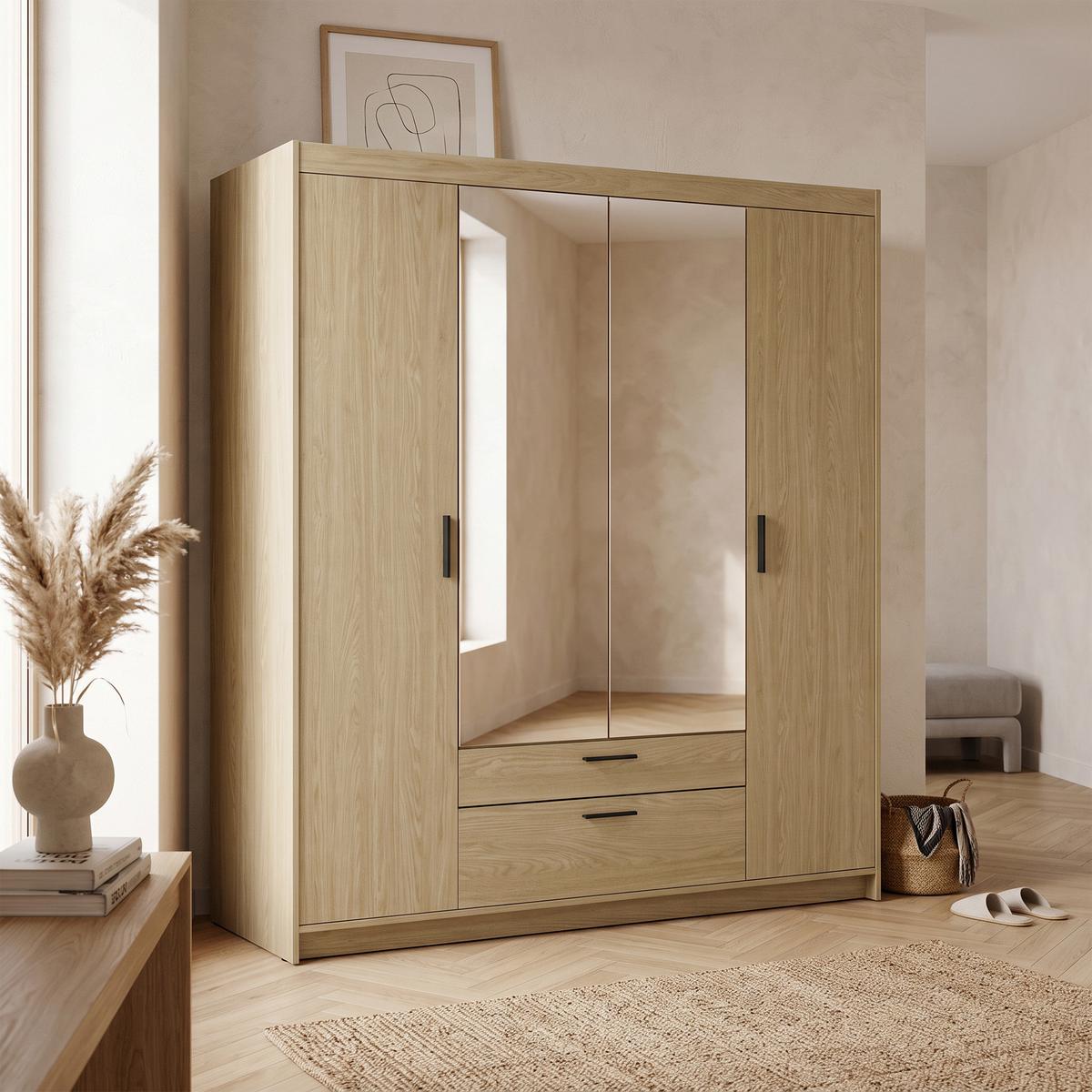 DREHTÜRENSCHRANK Elena mit 4 Türen, 2 Schubladen und Spiegel, 176 cm, Eiche Geölt - Eichefarben, Holzwerkstoff (176/190/53cm) - Beautysofa