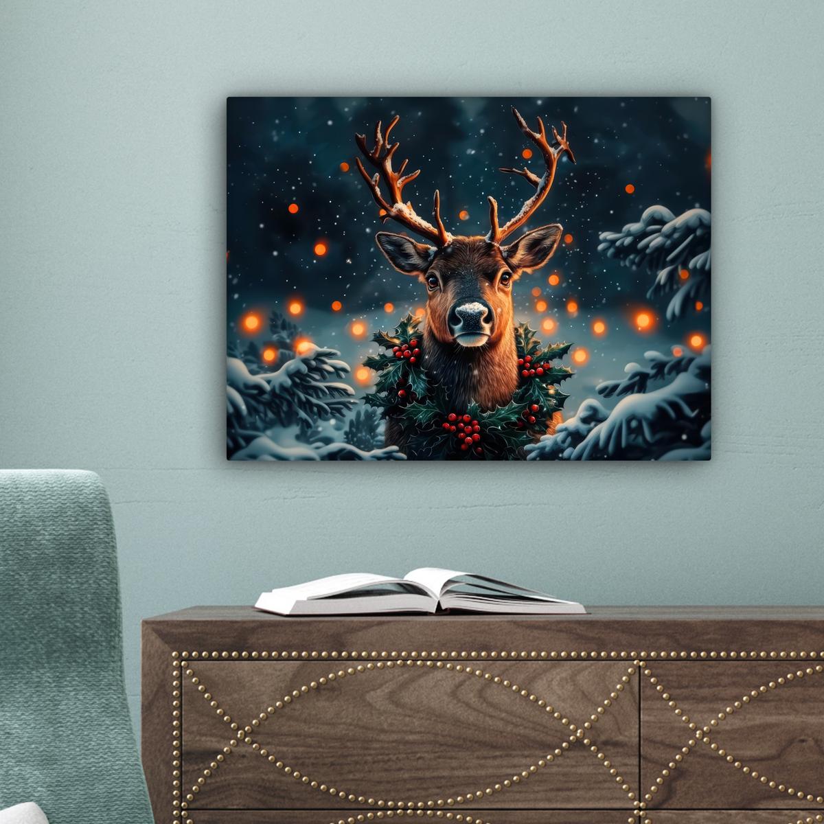 LEINWANDBILD Hirsch - Weihnachten - Winter - Schnee - Weihnachtskranz Wandbild 40x30 cm - Dunkelbraun, Textil (40/30cm) - MuchoWow