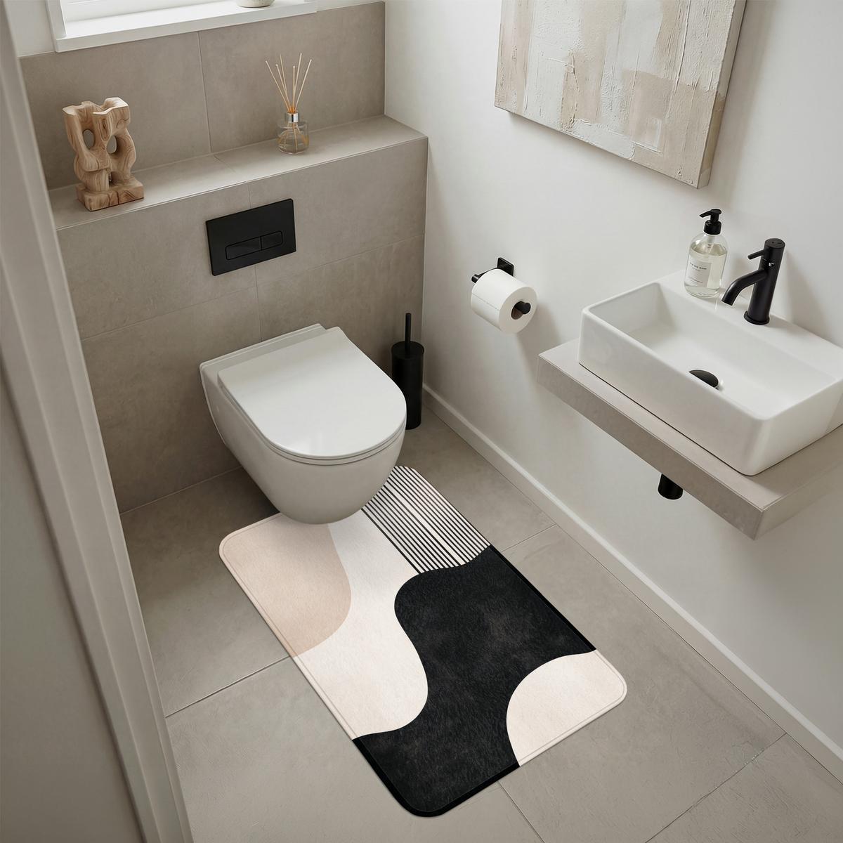 BADEMATTE Abstrakt - Japandi - Beige - Modern Rutschfest 60x90 cm - Beige/Schwarz, Textil (60/90cm) - OnlyWow