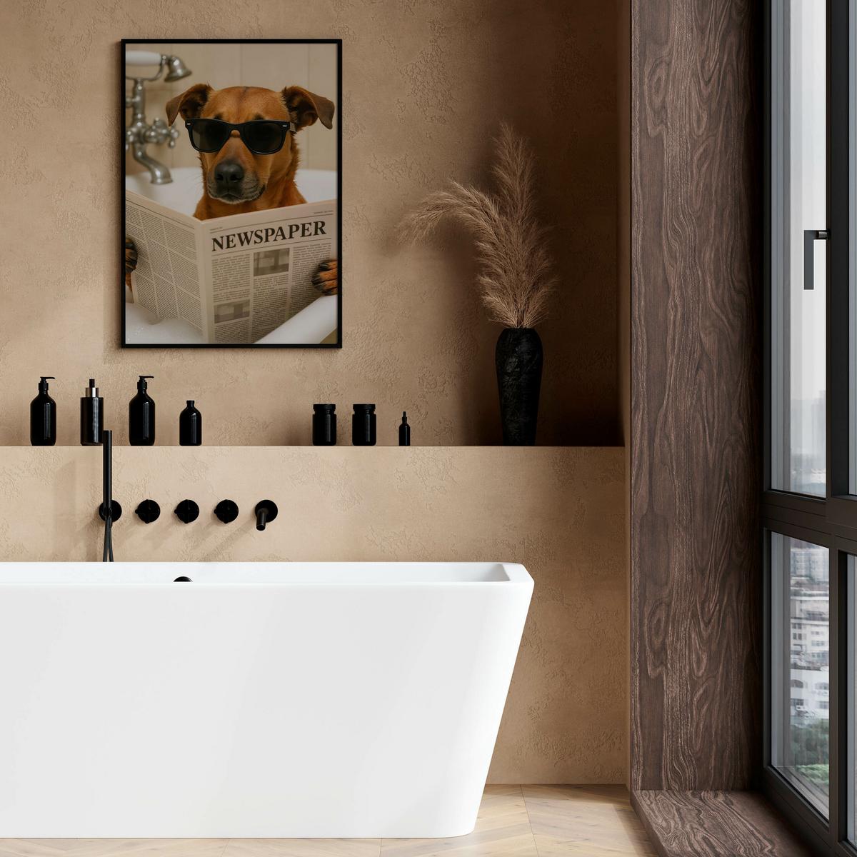 POSTER für WC Badezimmer HUND in Badewanne Retro Zeitung Abstraktion 20x30cm - Beige/Schwarz, Papier (20/30/30cm) - Muralo