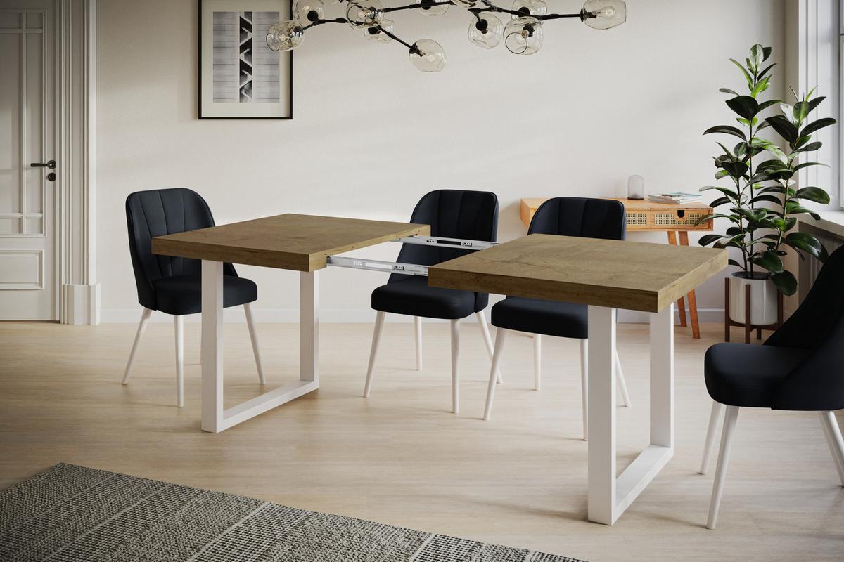 INDUSTRIELLER Esszimmertisch LOFT-U, ausziehbarer Tisch, Größe: 140-240X80X77 cm, Wohnzimmertisch Farbe: LEFKAS, mit Metallbeinen in Farbe Weiß - Dunkelbraun/Weiß, Holzwerkstoff (140/80/77cm) - Alpi-Möbel