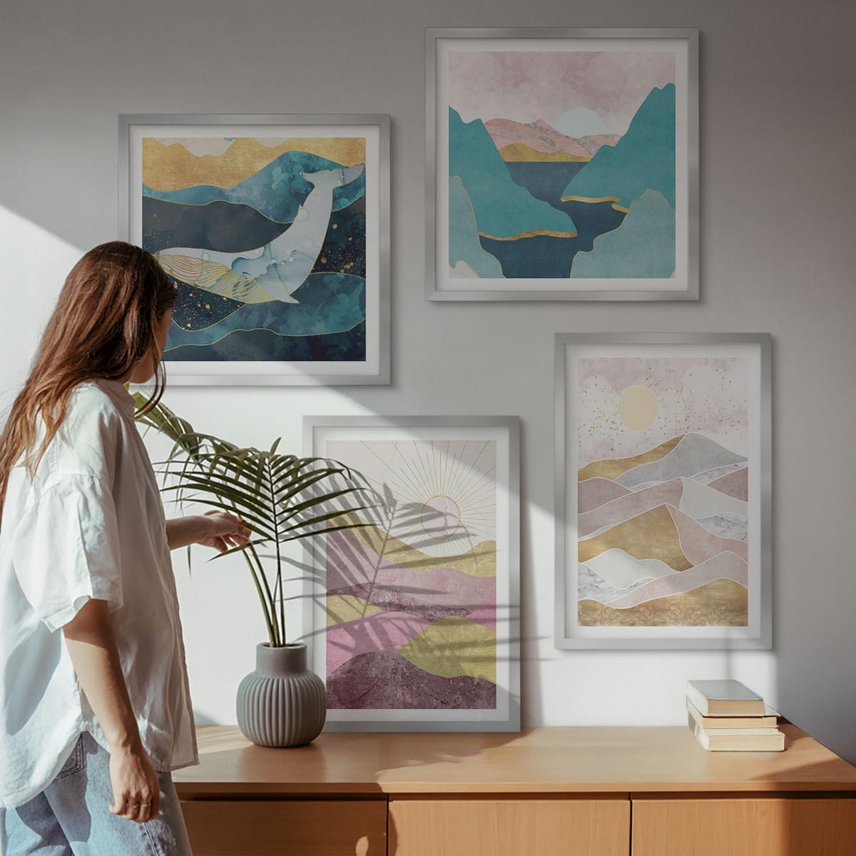 BILDER SET 4er Set - 50x50 cm & 40x60 cm Silberner Rahmen - Abstrakte Berge Sonne - Silberfarben, Kunststoff (50/50cm) - TULUP