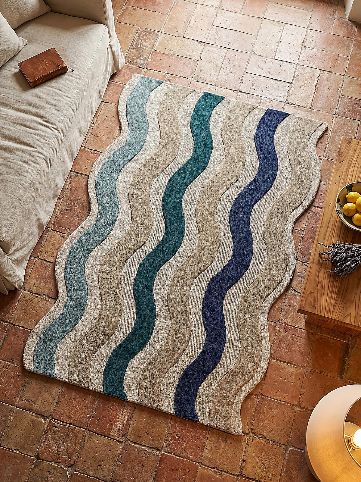 WOLLTEPPICH handgetuftet MONNOW, Wellenstreifen, Natur-Blau, 140 x 200 cm - Blau/Beige, Textil (140/200cm) - KADIMA DESIGN