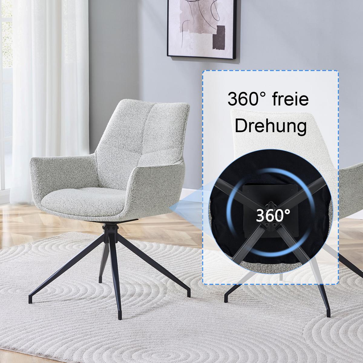 ESSZIMMERSTÜHLE 2er Set 360° Drehbar Stoff Hellgrau & Metallbeine Schwarz - Hellgrau, Textil (48/85/50cm) - Urban Meuble