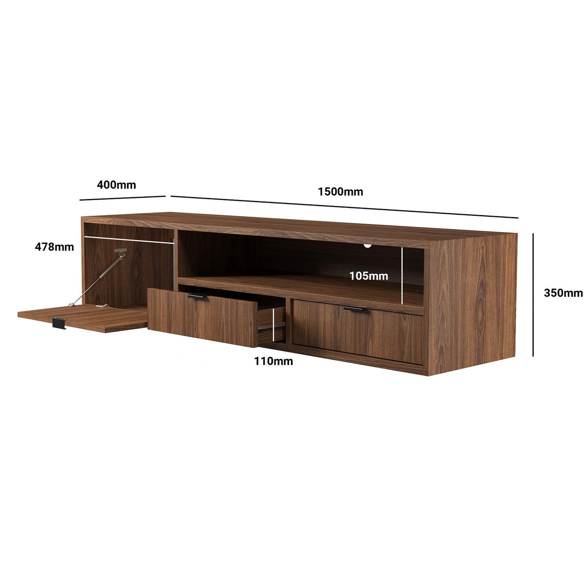 HÄNGELOWBOARD Evron mit 2 Schubladen und 1 Tür, 150 cm, Walnuss - Walnussfarben, Holzwerkstoff (150/35/40cm) - Beautysofa