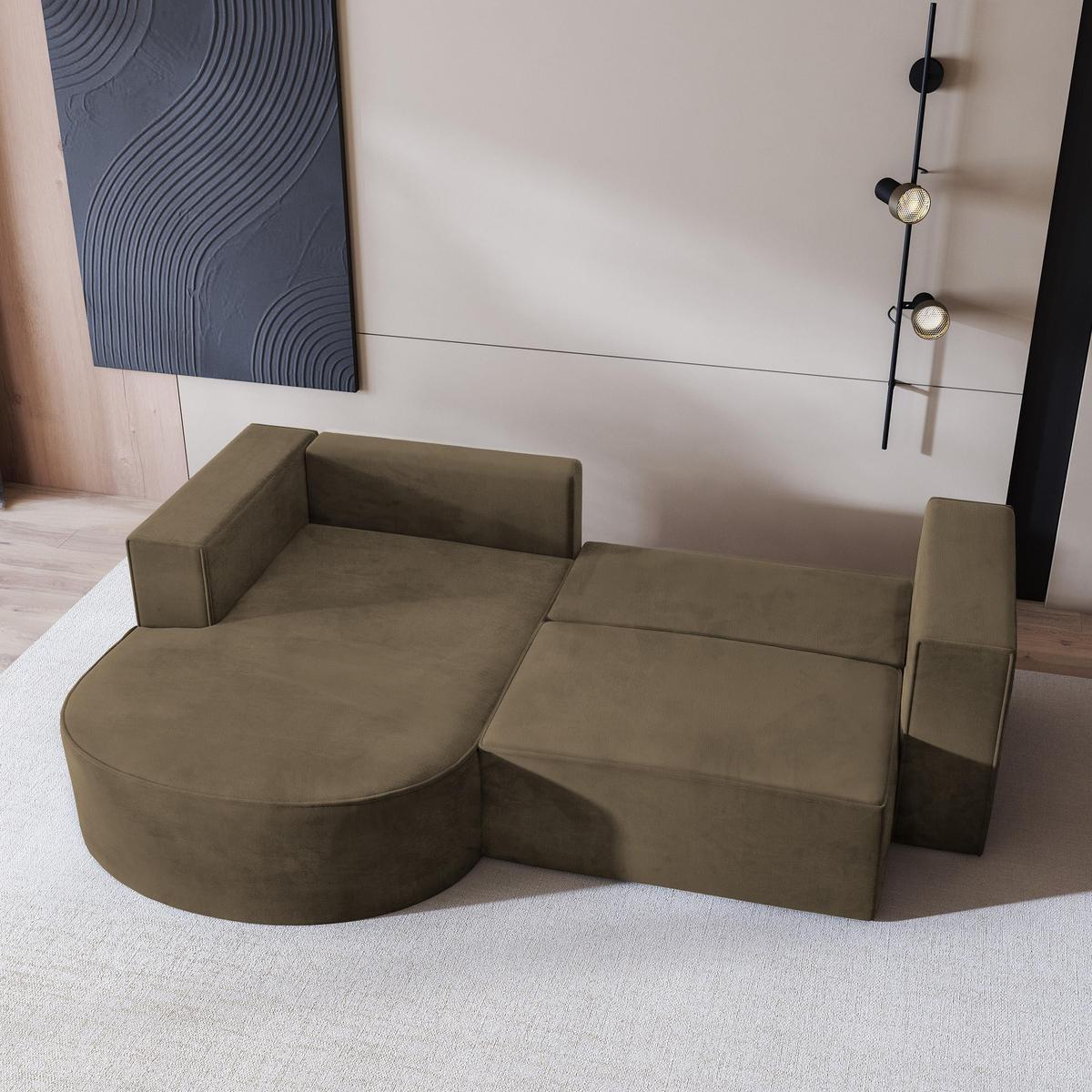 ECKSOFA SORELA M L-S Beige Velours-Stoff mit Schlaffunktion - Beige, Holz (263/174cm) - MASSENO
